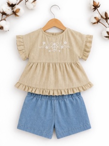 Set bebe fetita 2 piese bej cu broderie si pantaloni scurti denim vara - Img 2