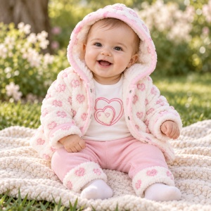 Set bebe fetita 3 piese cu jacheta pufoasa cu inimioare, bluza si pantaloni roz