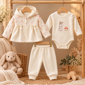 Set bebe fetita 3 piese din bumbac catifelat cu jacheta cu gluga, body si pantaloni - Img 2