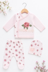 Set bebe fetita 3 piese roz cu imprimeu floral si broderie trandafir din bumbac - Img 2