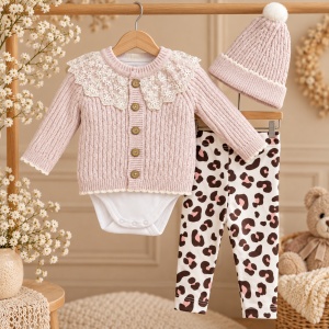 Set bebe fetita 4 piese cu body, cardigan tricotat din lana, pantaloni animal print si caciulita, roz - Img 2