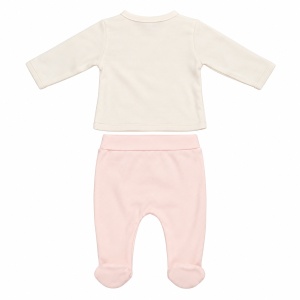 Set bebe fetita 5 piese bumbac crem si roz, fundita brodata, pantaloni cu botosei integrati - Img 5