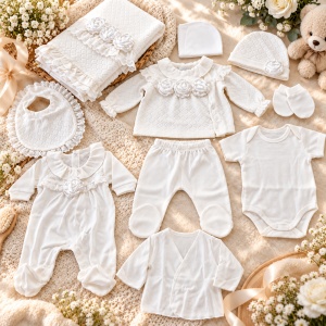 Set bebe fetita din bumbac 10 piese, alb, model elegant cu trandafiri si dantela
