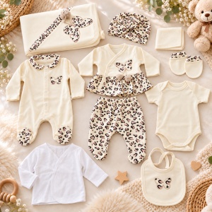 Set bebe fetita din bumbac 10 piese, crem cu imprimeu animal print si fluturi