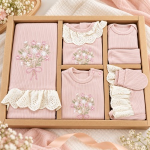 Set bebe fetita din bumbac 10 piese, roz pudrat, model floral - Img 2