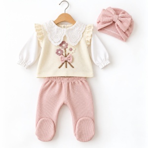 Set bebe fetita din bumbac 10 piese, roz si crem, cu flori si fundite - Img 3