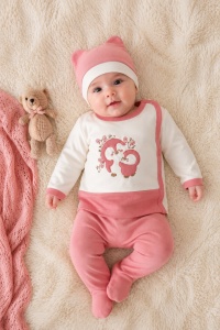 Set bebe fetita roz 3 piese din bumbac cu bluza pantalon si caciulita model pinguin