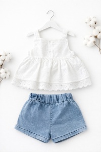 Set bebe fetita vara bluza alba inimioare rosii pantaloni scurti denim - Img 3