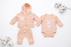 Set bebe fetite 3 piese piersica cu iepuras body pantaloni si hanorac cu gluga - Img 3