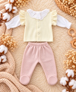 Set bebe fetite 5 piese roz ivoire cu flori, pantaloni, bluza, bentita, manusi si bavetica - Img 3
