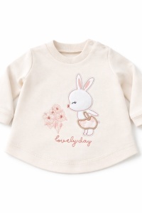 Set bebe fetite crem 3 piese hanorac bluza si pantaloni iepuras, fotografie de produs pe fundal alb