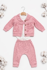 Set bebe fetite roz 3 piese body hanorac si pantaloni iepuras - Img 3