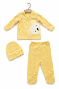 Set bebe galben 3 piese ursulet bumbac rib bluza pantaloni caciulita - Img 2