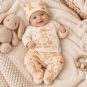 Set bebe safari din bumbac 3 piese crem cu animalute si pantaloni cu botosei integrati