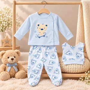 Set bebe ursulet din bumbac 3 piese bleu cu pantaloni imprimati si botosei integrati - Img 2
