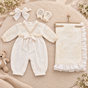 Set botez fetita premium din muselina 4 piese ivoire cu dantela, broderii si paturica - Img 2