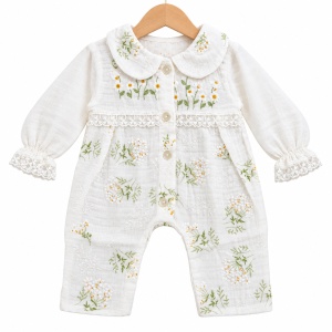 Set complet bebe din muselina 10 piese, imprimeu floral, alb cu verde - Img 4