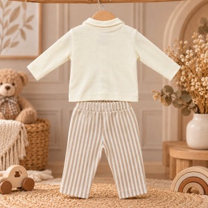 Set elegant bebe baieti din bumbac, bluza cu vesta, papion si pantaloni cu dungi, crem-bej - Img 3