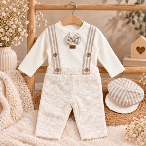 Set elegant bebe din bumbac, bluza cu papion, pantaloni cu bretele si sapca, crem - Img 4
