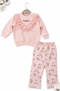 Set fete roz 2 piese bluza cu volane pantaloni imprimeu floral - Img 2