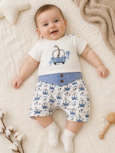 Set haine bebe baiat 2 piese bumbac premium – tricou si pantaloni scurti albastri cu girafa
