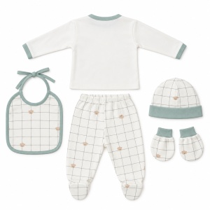 Set haine bebe baietel 5 piese din bumbac, model ursulet, alb-verde - Img 3