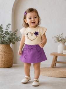 Set haine bebe fete 2 piese bumbac – tricou si fusta pantalon mov cu fundita