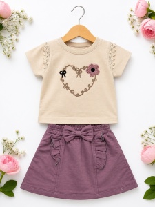 Set haine bebe fete 2 piese bumbac premium – tricou si fusta pantalon mov cu fundita - Img 2
