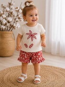 Set haine bebe fete 2 piese bumbac premium – tricou si pantaloni scurti rosii floral
