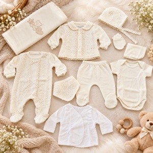 Set haine bebe fetita 10 piese din bumbac, crem, cu dantela, nou-nascut