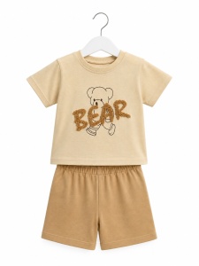 Set haine bebe unisex 2 piese bumbac – tricou si pantaloni bej cu ursulet bear - Img 2