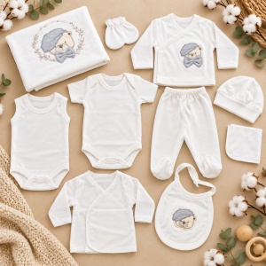 Set nou nascut 10 piese bumbac alb, ursulet gri, paturica, body, pantaloni si accesorii