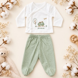 Set nou nascut 10 piese bumbac alb verde salvie cu scuter, salopeta, paturica si accesorii - Img 5