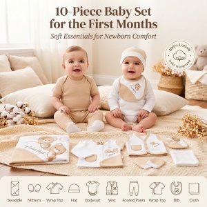 Set nou nascut 10 piese bumbac bej alb, ursuleti, paturica, body si accesorii bebe - Img 5