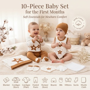 Set nou nascut 10 piese bumbac organic, alb maro, stelute, paturica si accesorii - Img 6