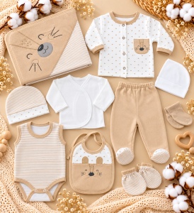 Set nou nascut 10 piese bumbac organic, paturica, body, bluzite, pantaloni si accesorii, maro