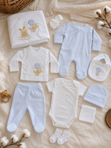 Set nou-nascut 10 piese cu salopeta bleu si iepurasi, 100% bumbac pentru bebelusi