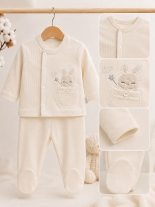 Set nou nascut 10 piese din 100% bumbac crem cu iepuras, paturica si vesta, detaliu material si finisaje
