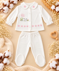Set nou nascut 10 piese din bumbac alb cu floricele roz, body, salopeta si paturica - Img 2