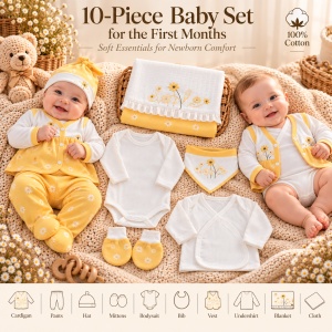 Set nou nascut 10 piese din bumbac, alb galben, margarete, paturica si accesorii - Img 6