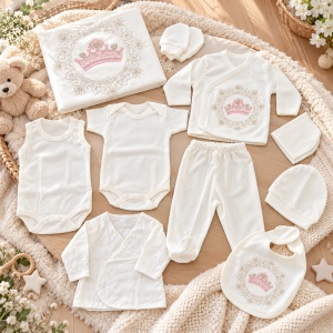 Set nou-nascut 10 piese din bumbac, body, pantaloni cu botosei, paturica, alb, coronita roz