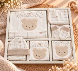 Set nou nascut 10 piese din bumbac, crem bej, ursulet, carouri, paturica si accesorii - Img 4