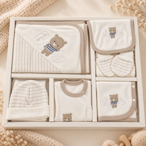 Set nou nascut 10 piese din bumbac, crem, ursulet brodat, paturica, body, pantaloni - Img 5