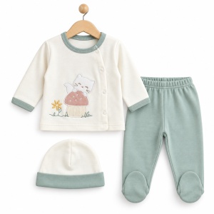 Set nou nascut 10 piese din bumbac, verde menta si alb, model pisicuta cu ciupercuta - Img 3