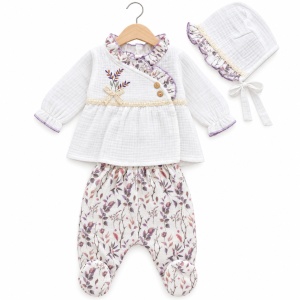 Set nou nascut 10 piese din muselina, imprimeu floral, bluza, salopeta, pantaloni, caciulita si accesorii - Img 4