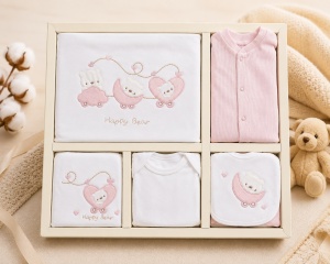 Set nou nascut 10 piese roz Happy Bear, bumbac moale pentru fetite - Img 2