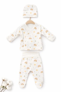 Set nou nascut 3 piese bumbac crem curcubeu body pantaloni caciulita unisex - Img 2
