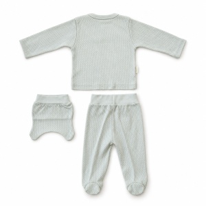 Set nou nascut 3 piese din bumbac vernil, bluzita cu ursulet, pantaloni cu botosei si caciulita - Img 5