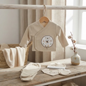 Set nou nascut 5 piese bumbac bej cu koala, bluza petrecuta si pantaloni cu botosei integrati - Img 3