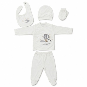 Set nou-nascut 5 piese din bumbac alb cu balon cu aer cald, pantaloni cu botosei integrati - Img 3